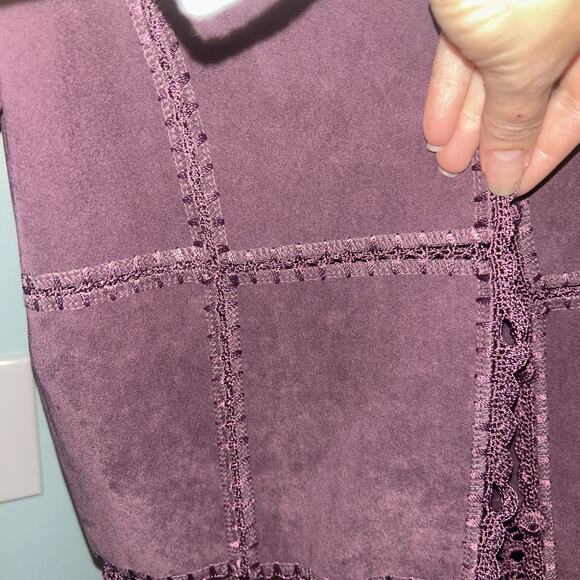 Womens Small Boho Leather Suede Crochet Open Front Cardigan Jacket Size M D33 - Picture 4 of 5